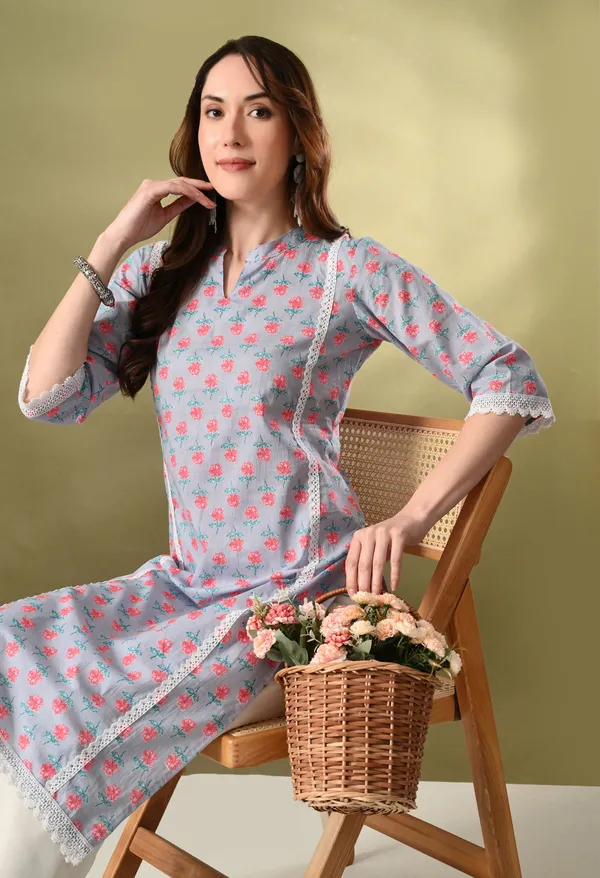 Gray_Floral_Print_Mandarin_Neck_Cotton_Kurta