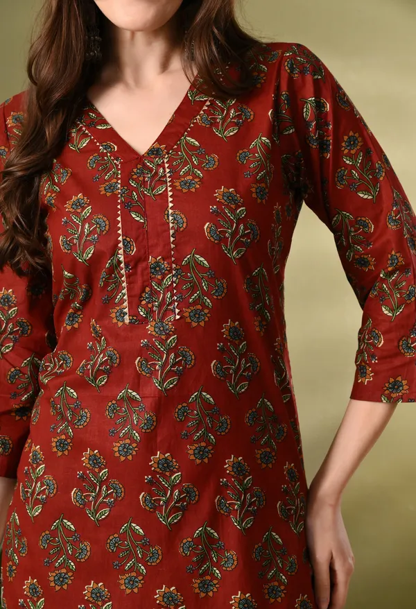 Maroon_Floral_Print_Cotton_Kurta