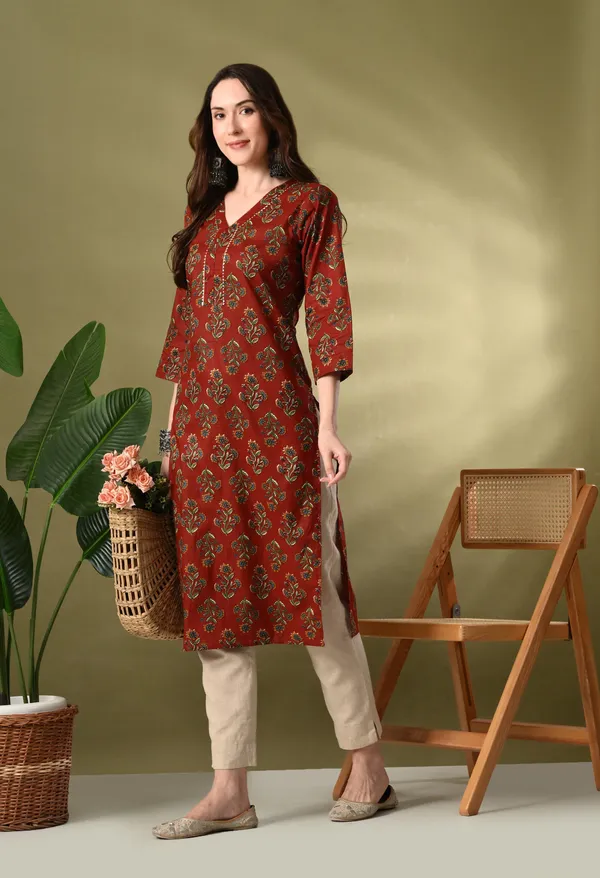Maroon_Floral_Print_Cotton_Kurta