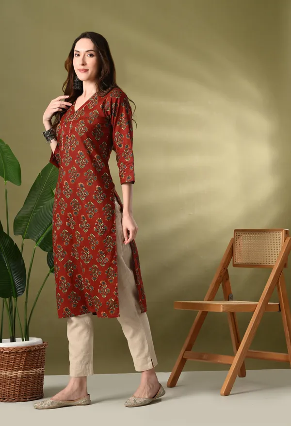 Maroon_Floral_Print_Cotton_Kurta