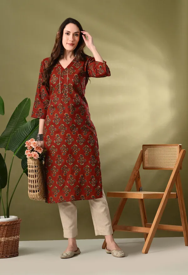 Maroon_Floral_Print_Cotton_Kurta