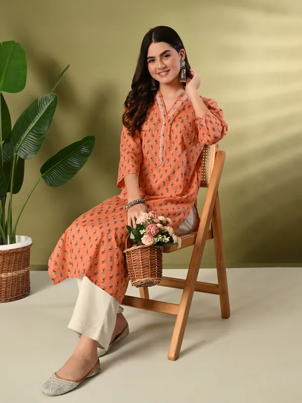 Orange_Floral_Print_Lace_Details_Cotton_Kurta