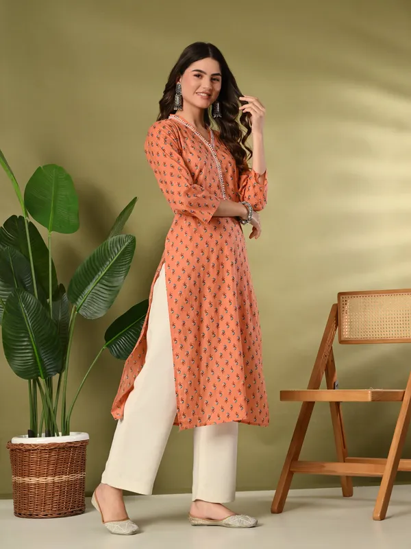 Orange_Floral_Print_Lace_Details_Cotton_Kurta