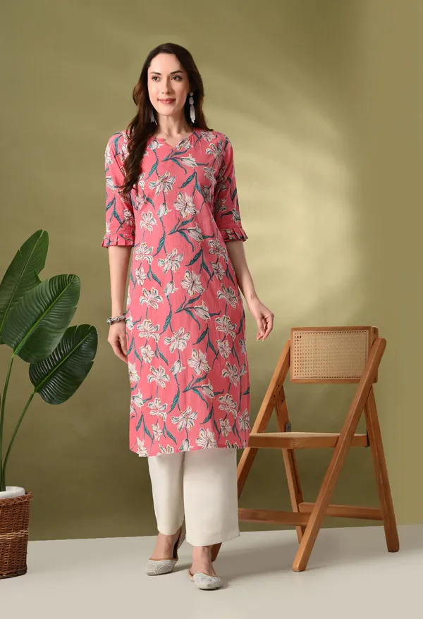 Peach_Printed_Straight_Cotton_Kurta