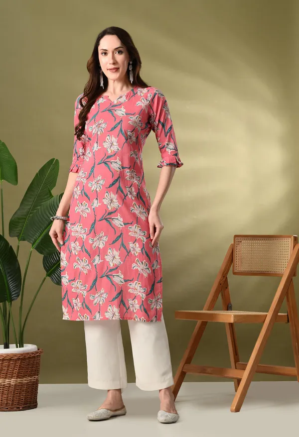 Peach_Printed_Straight_Cotton_Kurta
