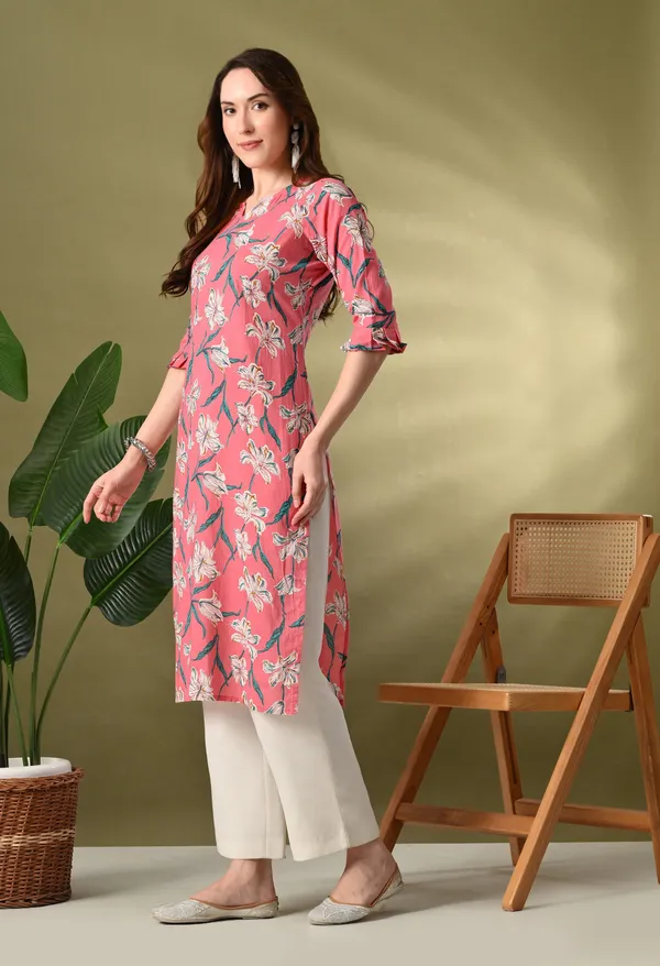 Peach_Printed_Straight_Cotton_Kurta