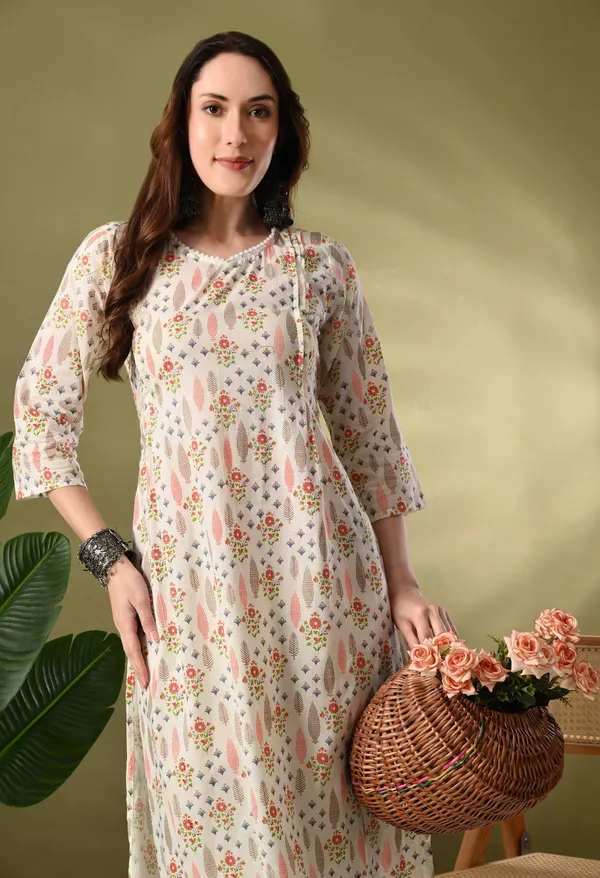 White_Floral_Print_Flared_Cotton_Kurta