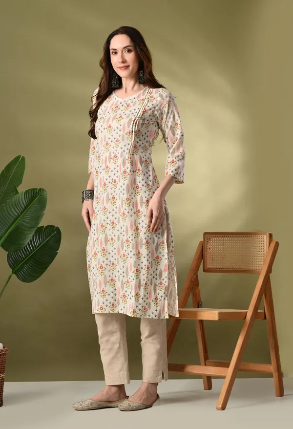 White_Floral_Print_Flared_Cotton_Kurta