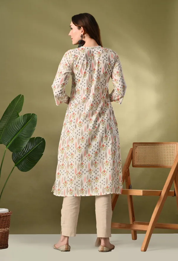 White_Floral_Print_Flared_Cotton_Kurta