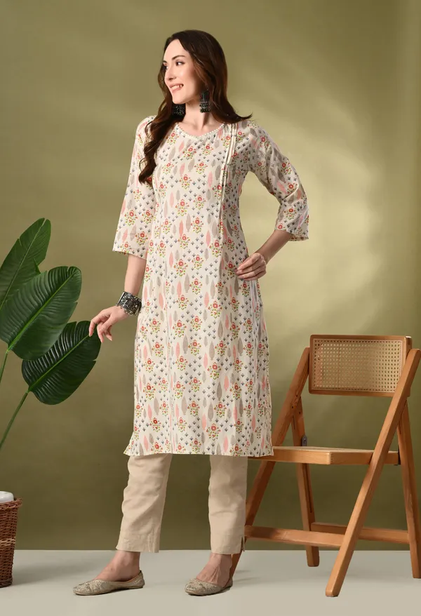 White_Floral_Print_Flared_Cotton_Kurta