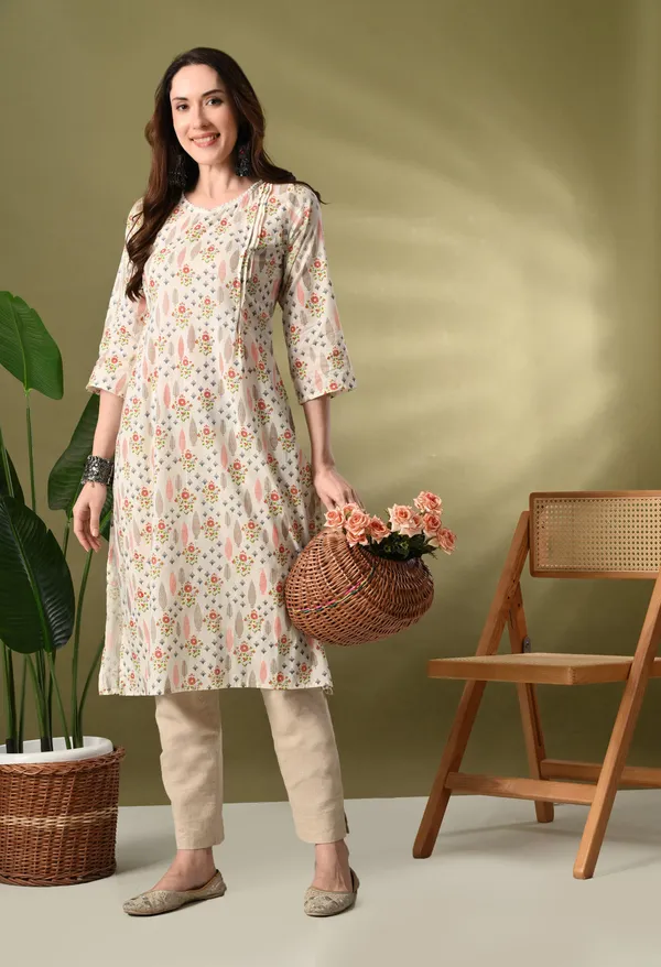 White_Floral_Print_Flared_Cotton_Kurta