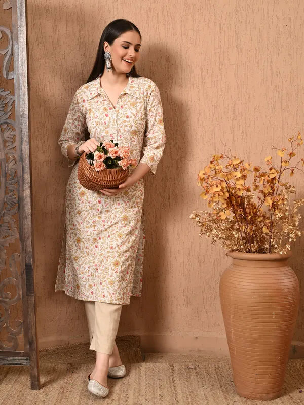 White_Floral_Print_Flared_Kurta