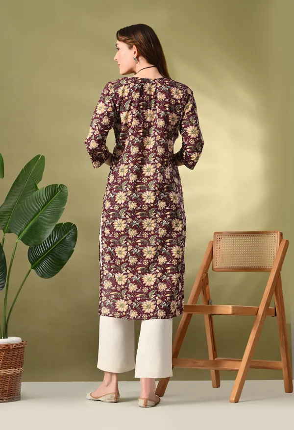 Wine_Floral_Print_Thread_Work_Cotton_Kurta