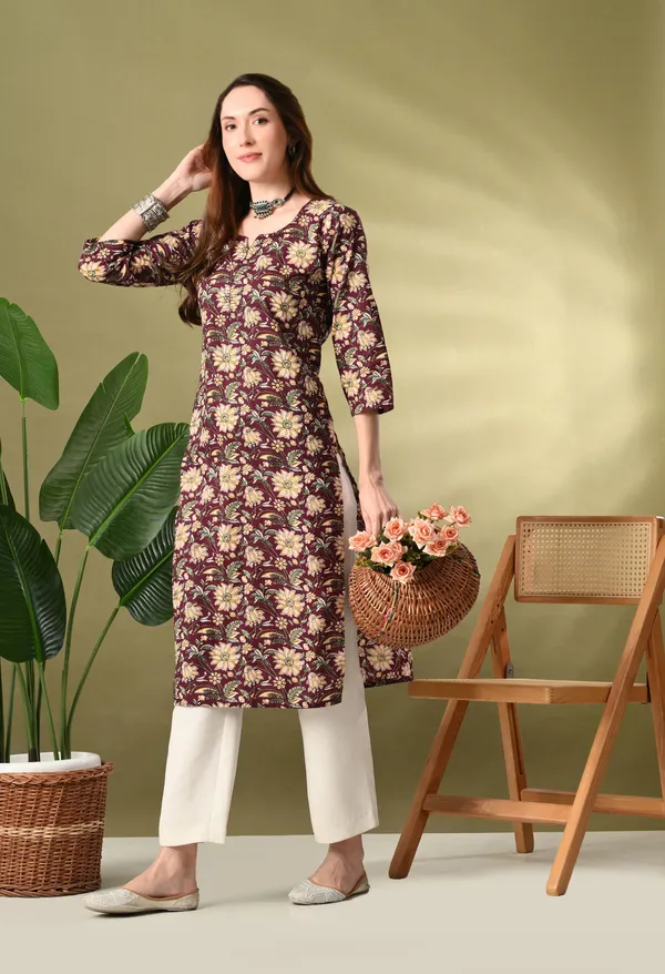 Wine_Floral_Print_Thread_Work_Cotton_Kurta