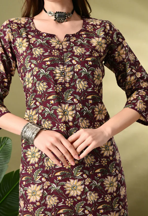 Wine_Floral_Print_Thread_Work_Cotton_Kurta