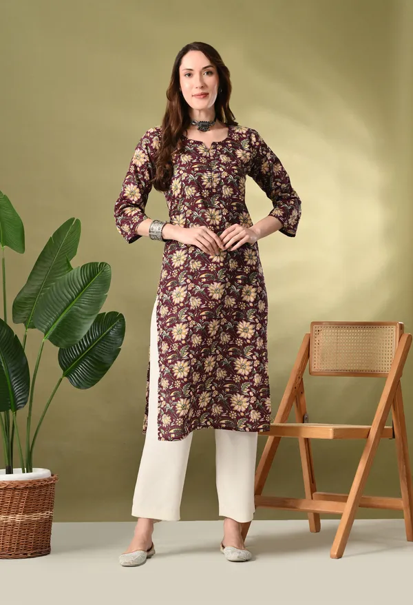 Wine_Floral_Print_Thread_Work_Cotton_Kurta