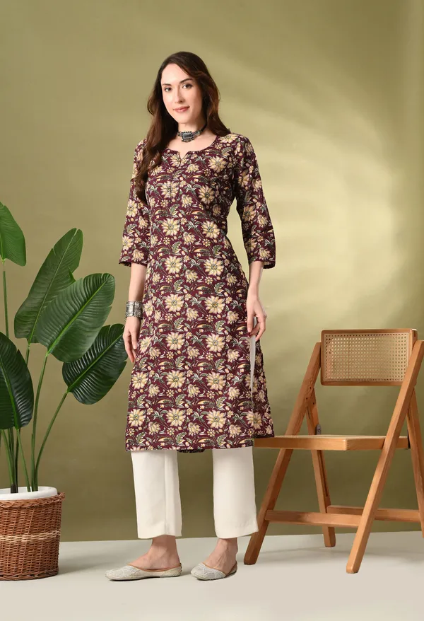 Wine_Floral_Print_Thread_Work_Cotton_Kurta