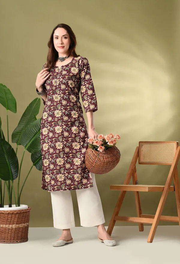 Wine_Floral_Print_Thread_Work_Cotton_Kurta