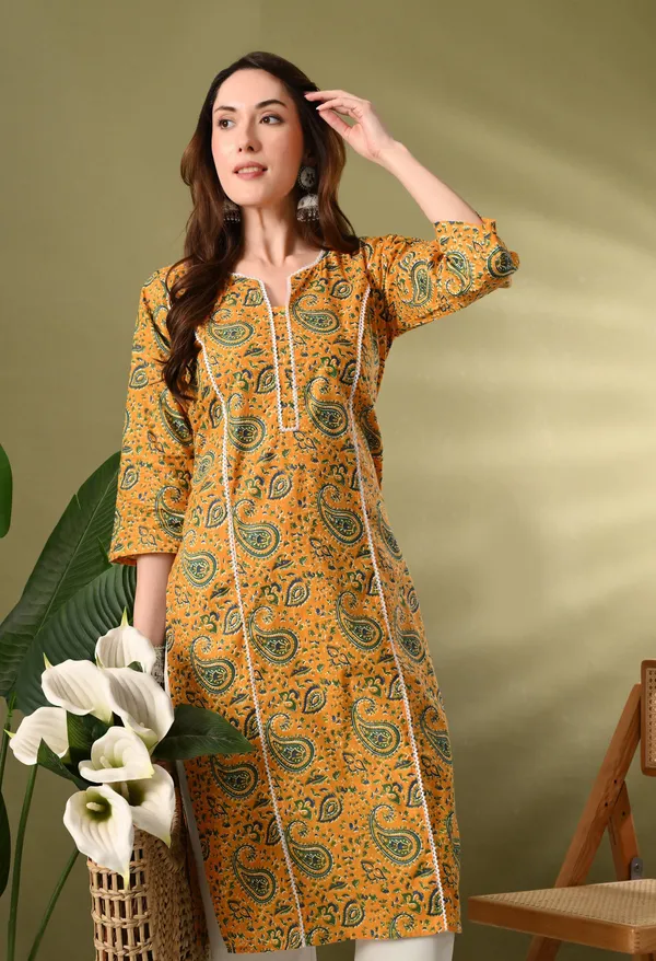 Yellow_Printed_Lace_Work_Cotton_Kurta