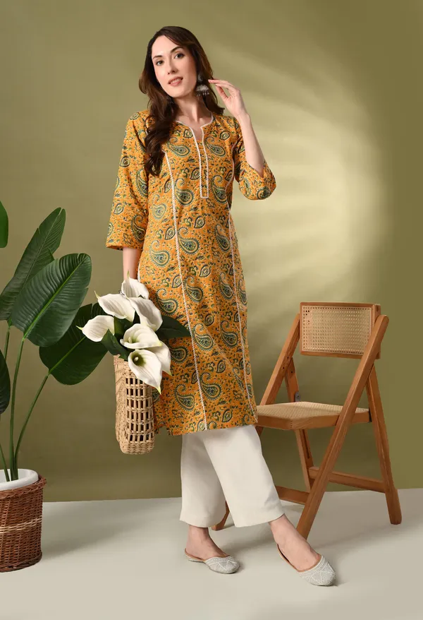Yellow_Printed_Lace_Work_Cotton_Kurta
