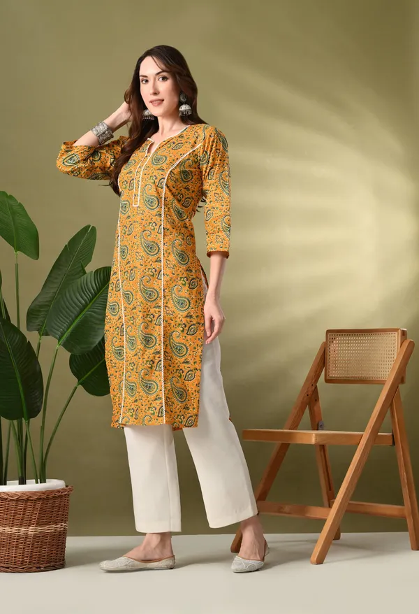 Yellow_Printed_Lace_Work_Cotton_Kurta