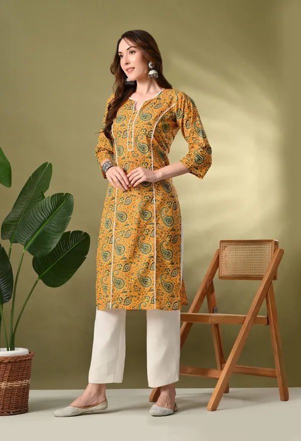 Yellow_Printed_Lace_Work_Cotton_Kurta