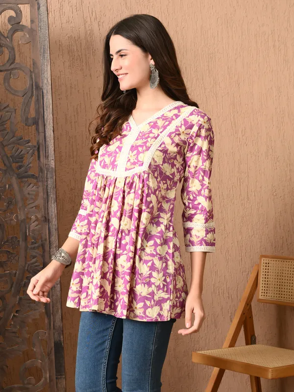 Purple_Floral_Print_Lace_Work_Cotton_Top