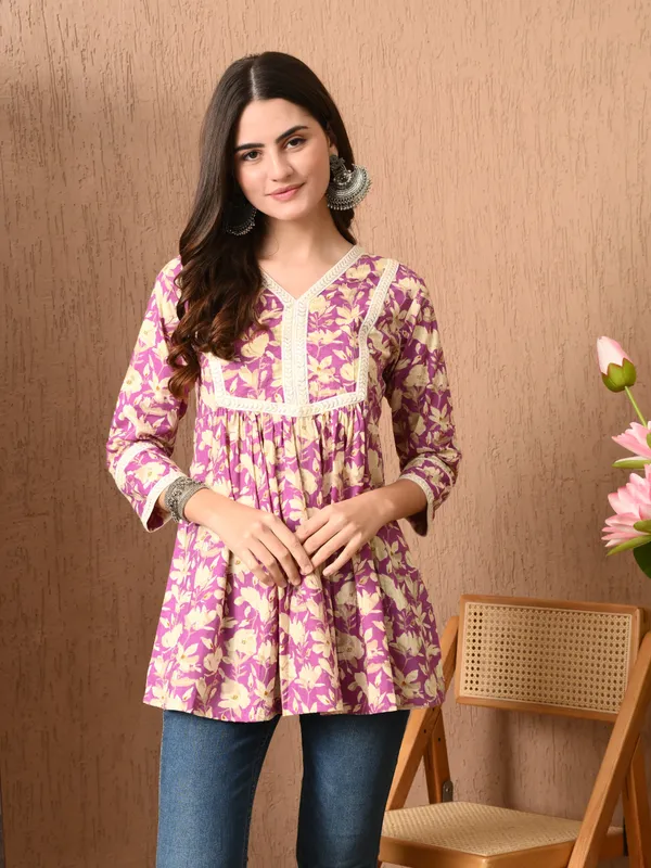 Purple_Floral_Print_Lace_Work_Cotton_Top