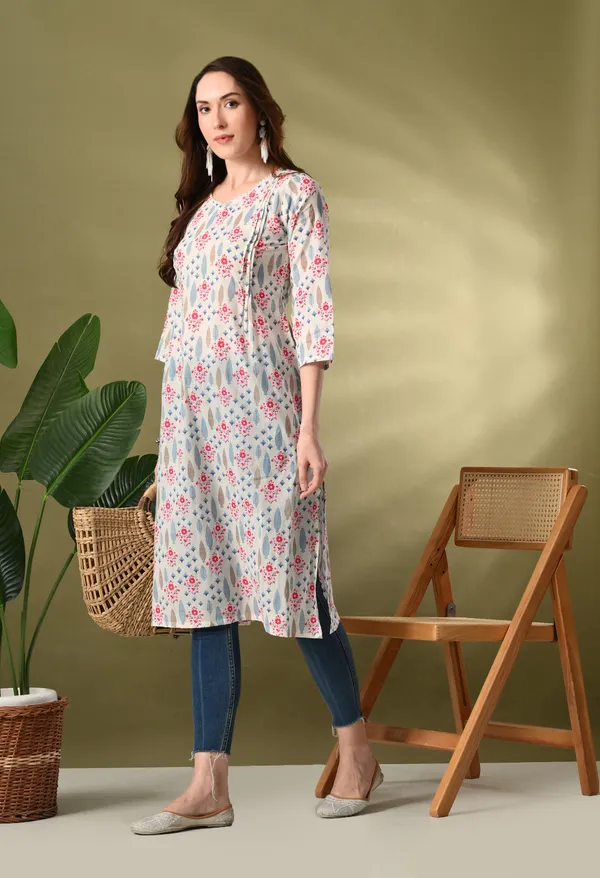 White_Floral_Print_Flared_Kurtas