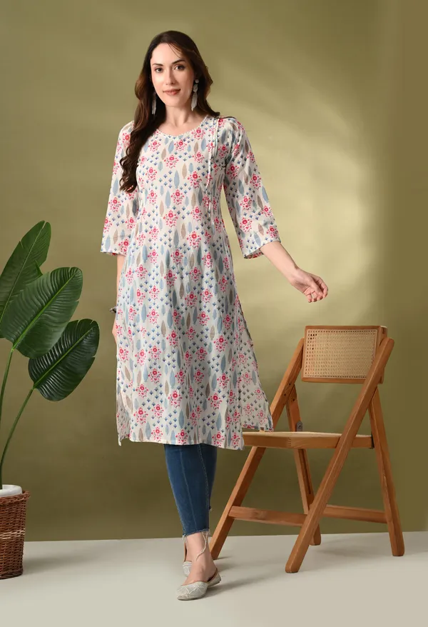 White_Floral_Print_Flared_Kurtas