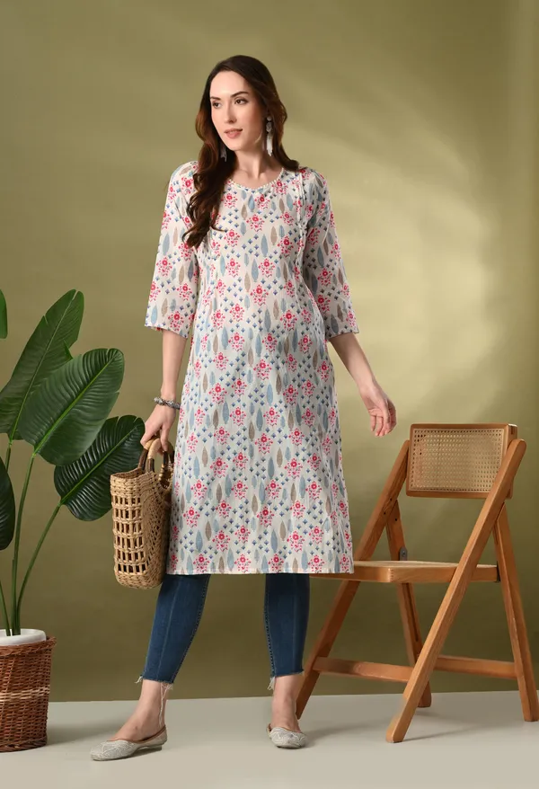 White_Floral_Print_Flared_Kurtas