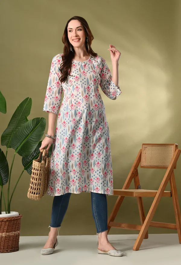 White_Floral_Print_Flared_Kurtas