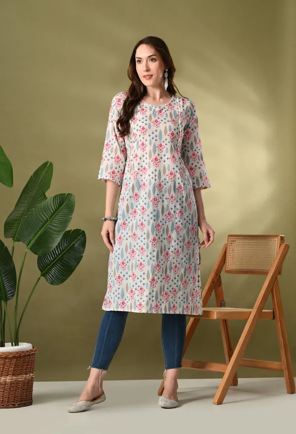 White_Floral_Print_Flared_Kurtas