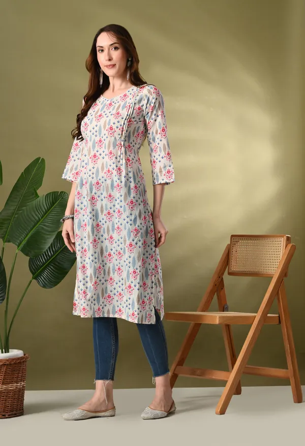 White_Floral_Print_Flared_Kurtas