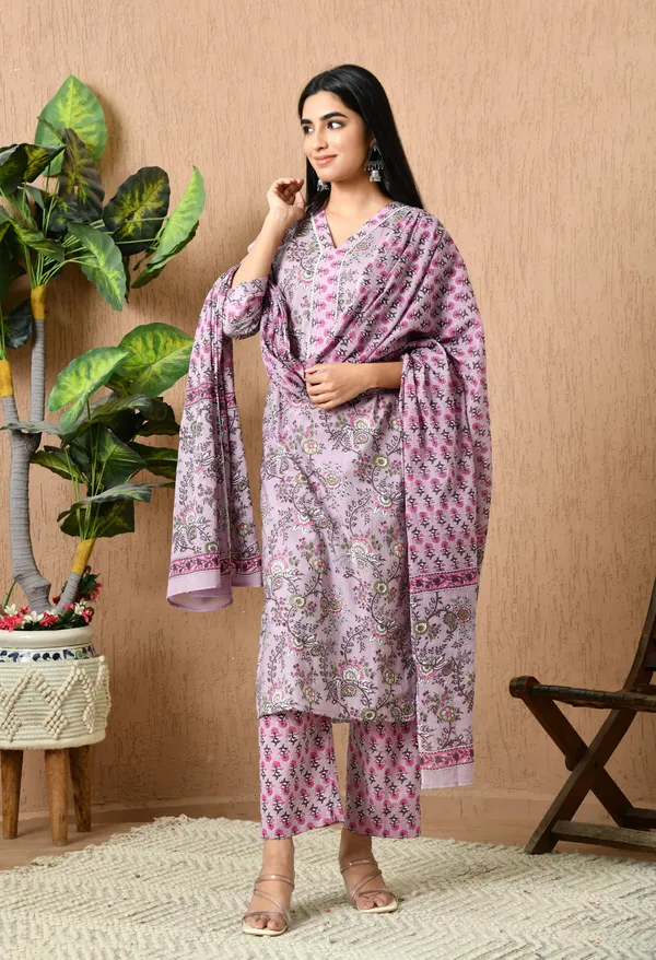 Pink_Floral_V-Neck_Kurta_Sets_With_Dupatta_For_Women