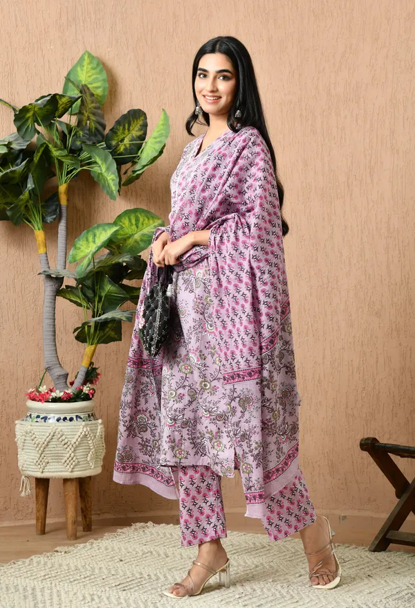 Pink_Floral_V-Neck_Kurta_Sets_With_Dupatta_For_Women