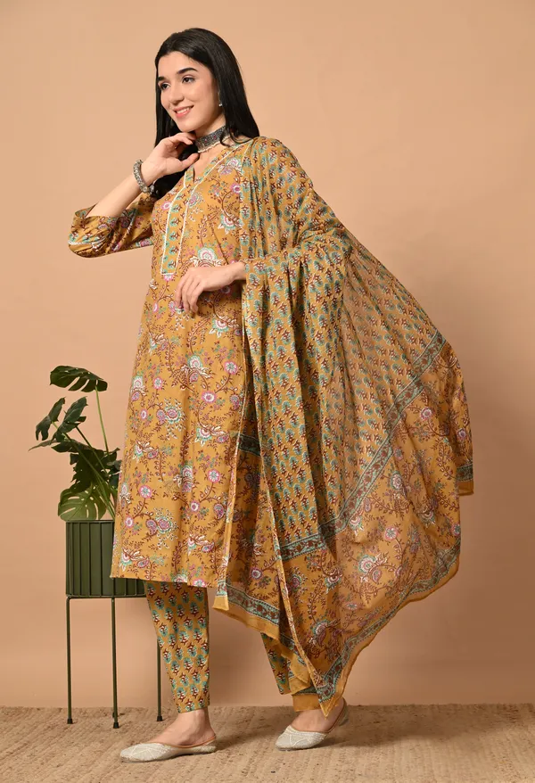 Yellow_Floral_V-Neck_Kurta_Sets_With_Dupatta_For_Women