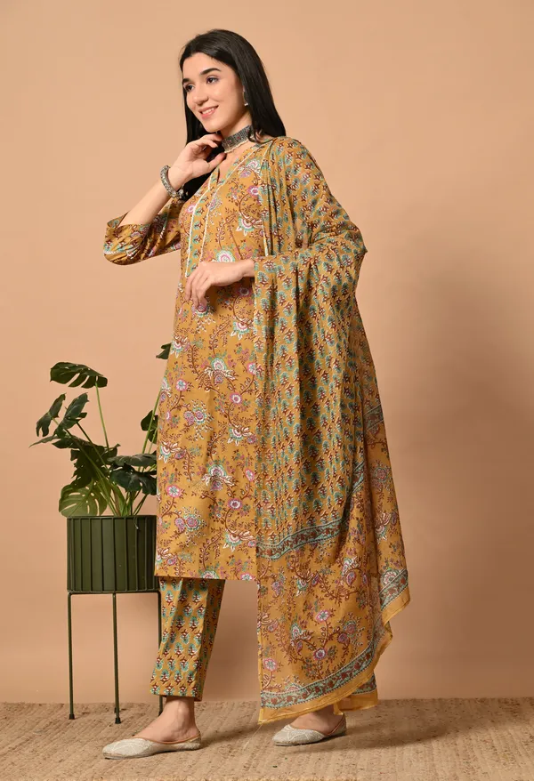 Yellow_Floral_V-Neck_Kurta_Sets_With_Dupatta_For_Women