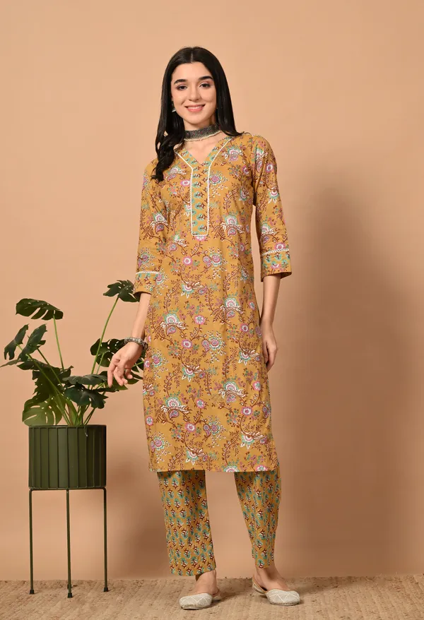 Yellow_Floral_V-Neck_Kurta_Sets_With_Dupatta_For_Women