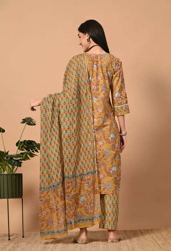 Yellow_Floral_V-Neck_Kurta_Sets_With_Dupatta_For_Women