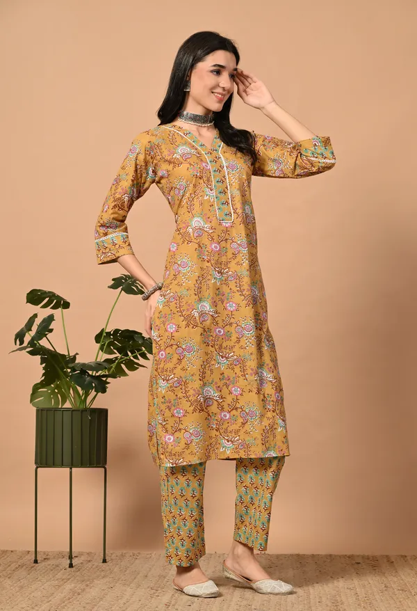 Yellow_Floral_V-Neck_Kurta_Sets_With_Dupatta_For_Women