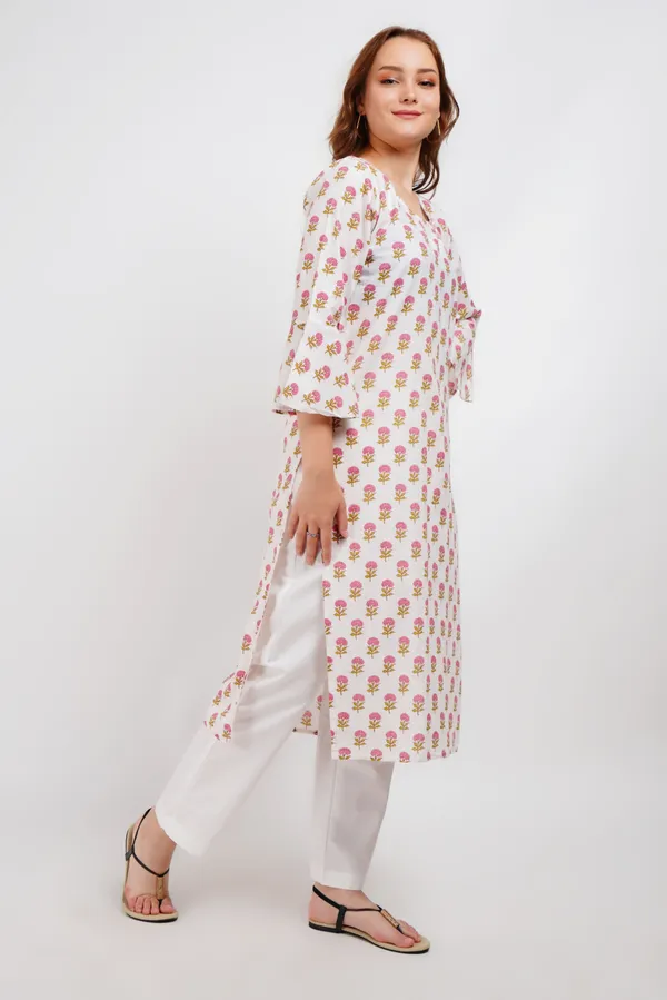 White_Block_Print_Floral_Kurta