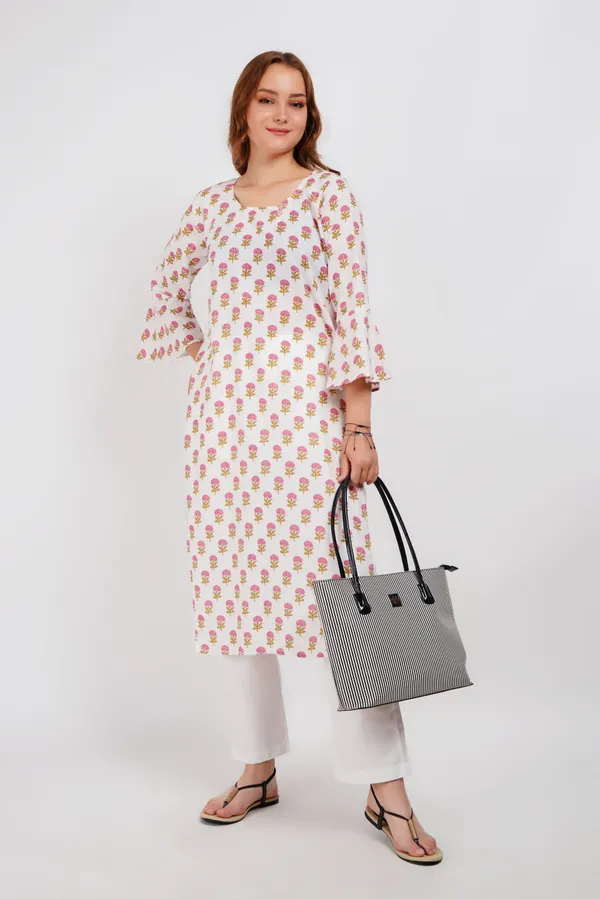 White_Block_Print_Floral_Kurta
