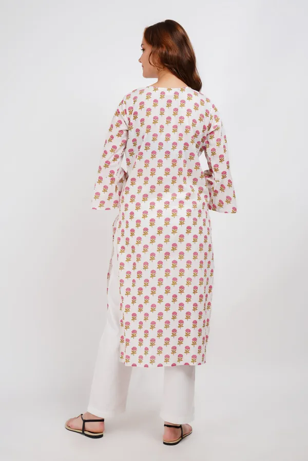 White_Block_Print_Floral_Kurta