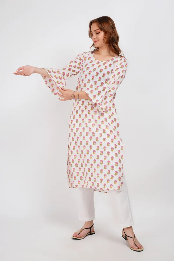 White_Block_Print_Floral_Kurta