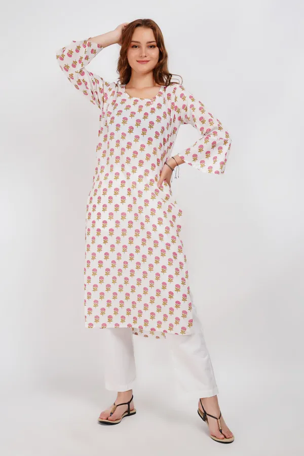 White_Block_Print_Floral_Kurta