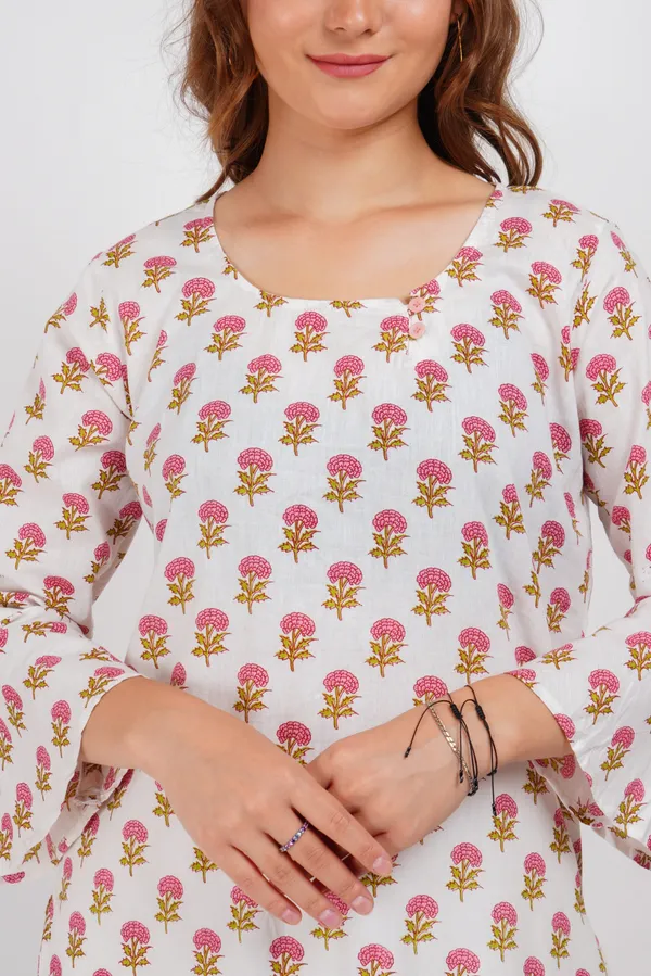 White_Block_Print_Floral_Kurta