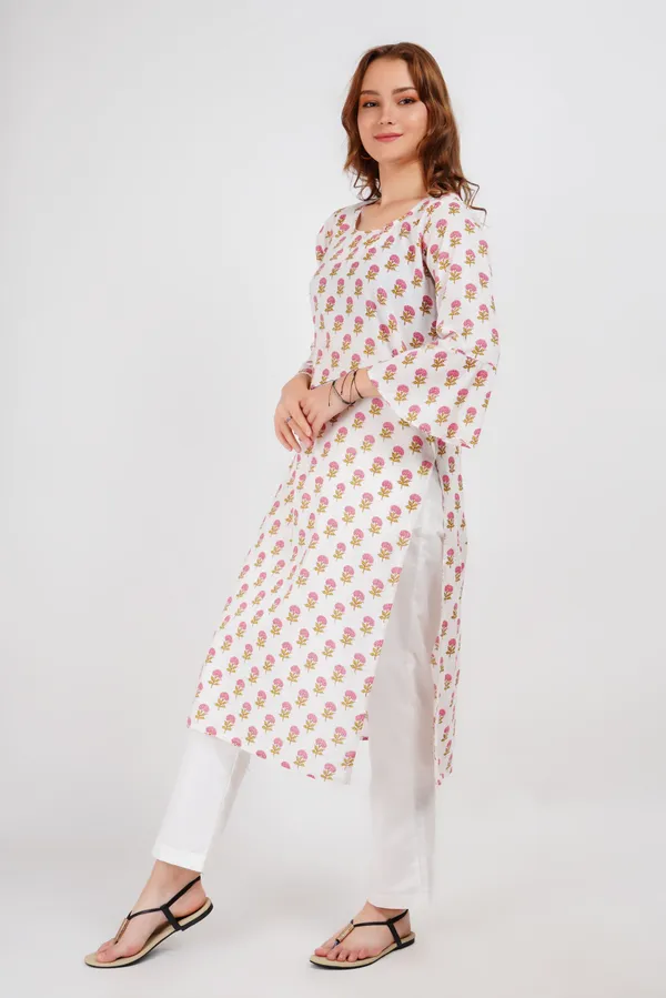 White_Block_Print_Floral_Kurta