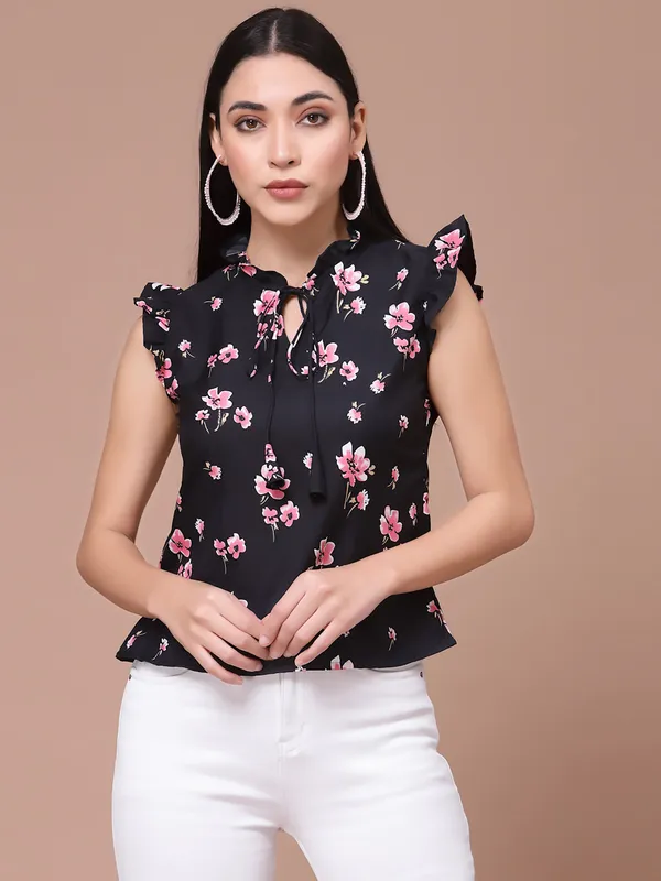 Black_Floarl_Print_Flutter_Sleeves_Top