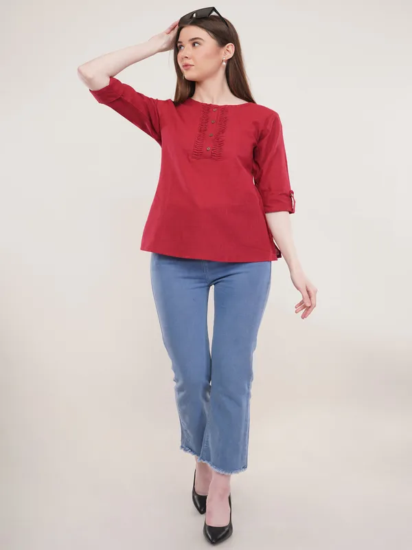 Maroon_Solid_Roll_Up_Sleeves_Top